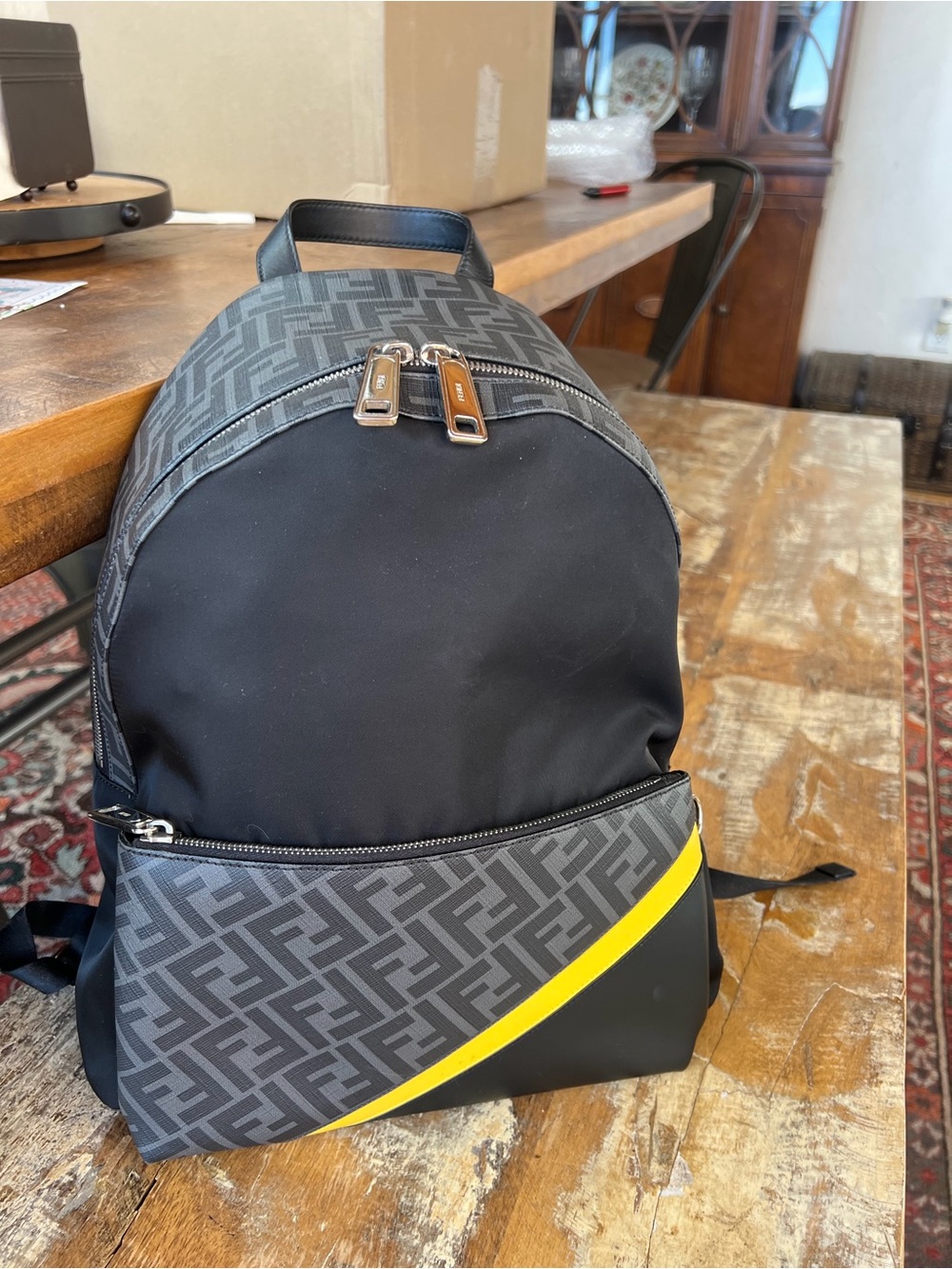 Fendi Men's Black & Gray Patterned Backpack with Yellow Accent